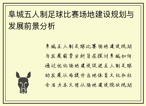 阜城五人制足球比赛场地建设规划与发展前景分析