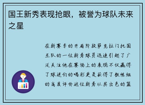 国王新秀表现抢眼，被誉为球队未来之星