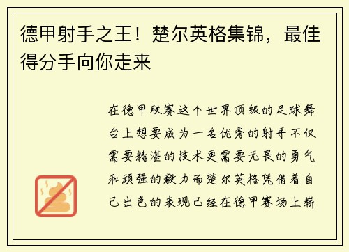 德甲射手之王！楚尔英格集锦，最佳得分手向你走来