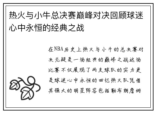 热火与小牛总决赛巅峰对决回顾球迷心中永恒的经典之战