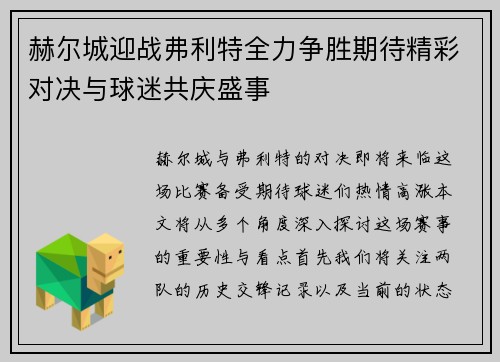 赫尔城迎战弗利特全力争胜期待精彩对决与球迷共庆盛事