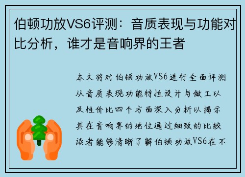 伯顿功放VS6评测：音质表现与功能对比分析，谁才是音响界的王者