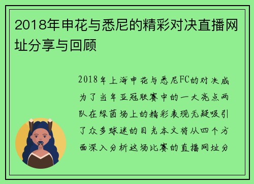 2018年申花与悉尼的精彩对决直播网址分享与回顾